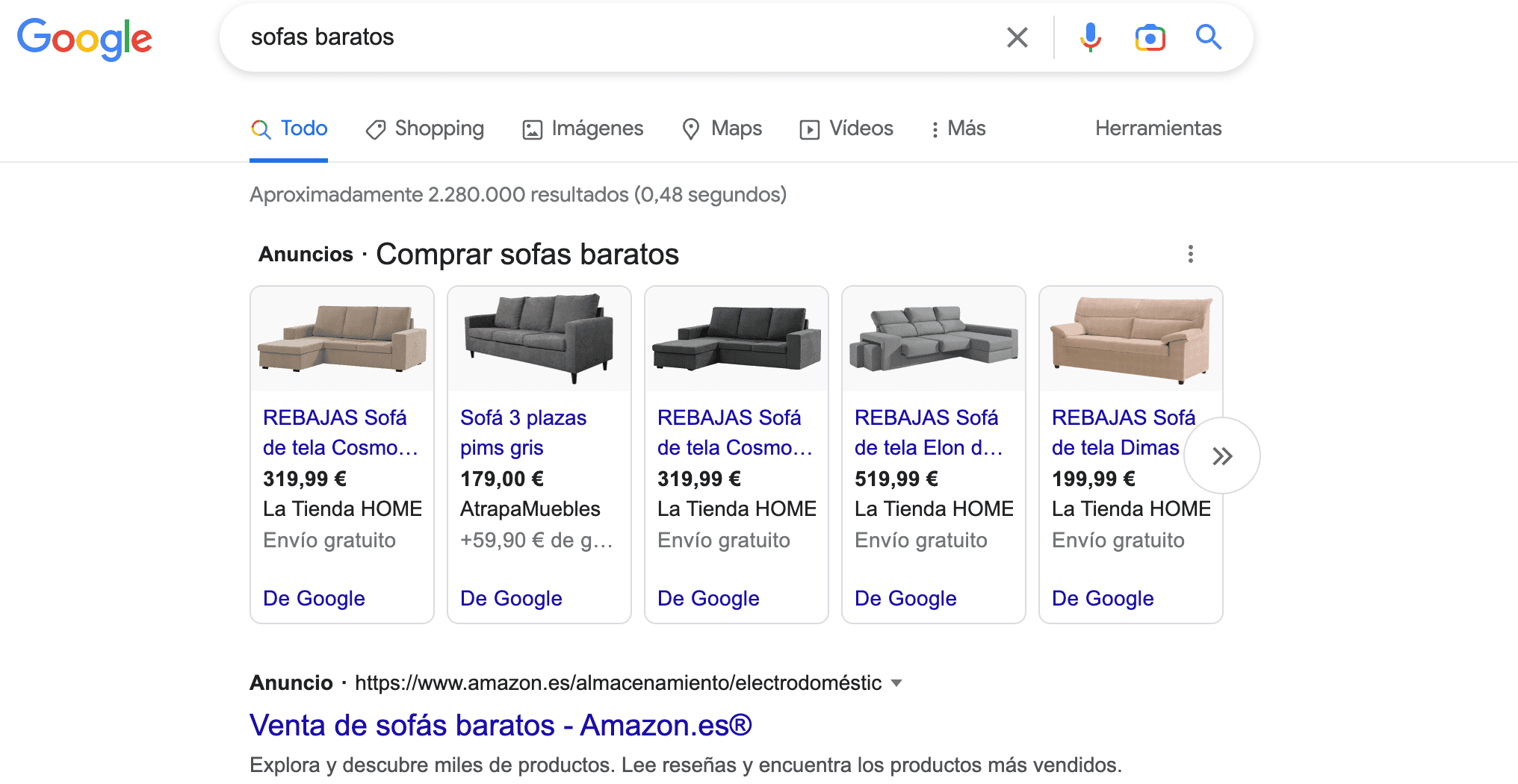 Ejemplo de publicidad en Google Shopping