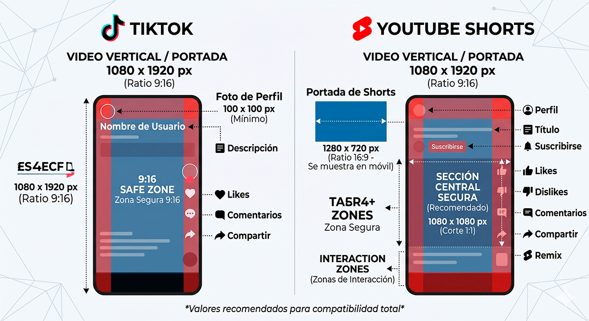 Medidas y tamaños para tiktok y youtube shorts