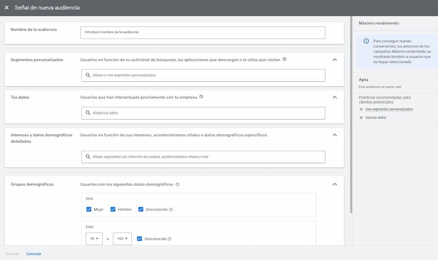 señal de nueva audiencia performance max